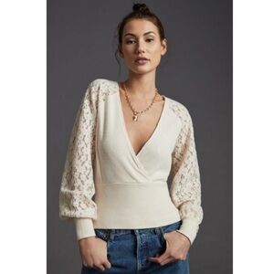 By Anthropologie Cream Lace Balloon Sleeve Faux Wrap Top